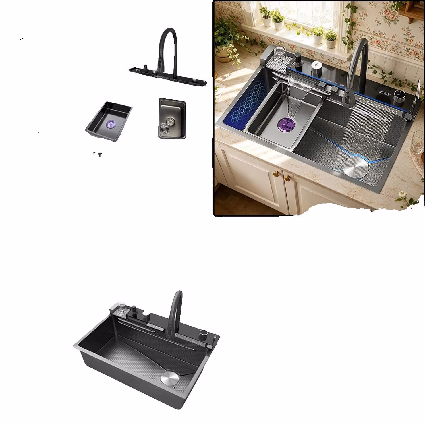 Lavello da cucina, acciaio inossidabile, vasca singola, modello FM-6846CM-SET, lato destro