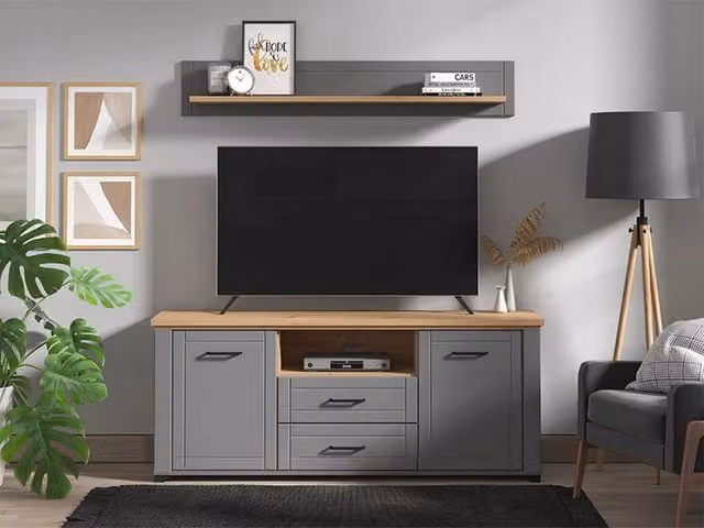 Mobile Porta TV Rotondi DMORA con 2 Cassetti, Grigio Scuro e Rovere, L: 161 cm, P: 41 cm, H: 66.5 cm – 1
