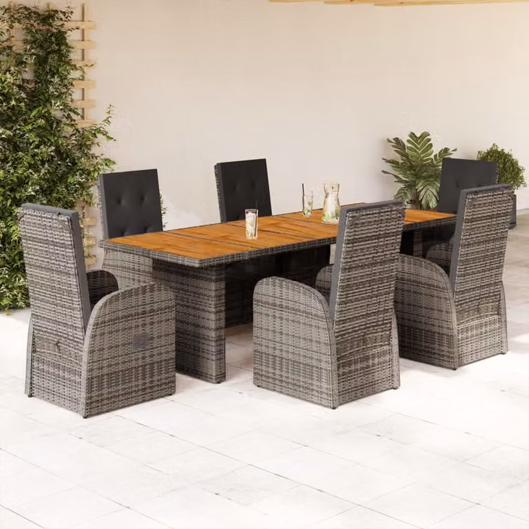 Set da Pranzo da Giardino vidaXL in Polyrattan e Legno di Acacia Grigio con 7 Pezzi