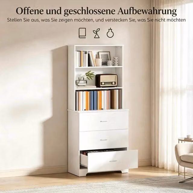 Mobile libreria bianca moderna con 6 ripiani, 3 cassetti e 3 scaffali aperti, armadio per libri e decorazioni 79x39,5x182,2 cm