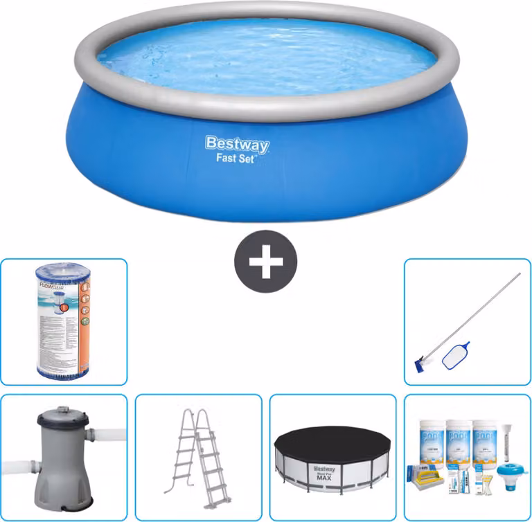 Piscina gonfiabile rotonda Bestway ad ambientazione rapida - 457 x 122 cm - blu - inclusa pompa - copertura a scaletta - pacchetto manutenzione - filtro - kit di pulizia