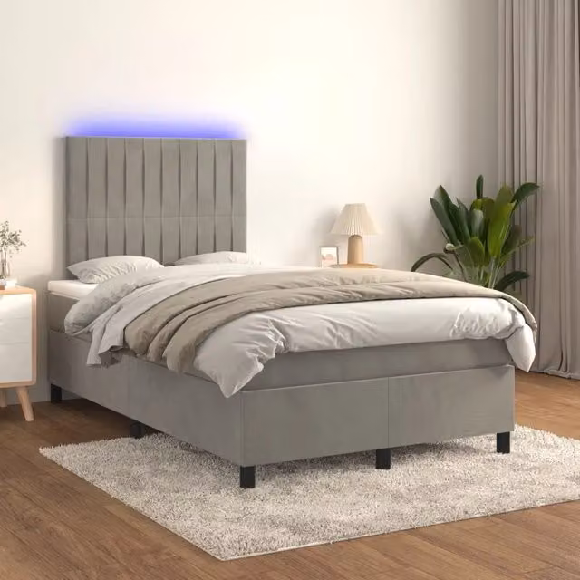 Letto matrimoniale con materasso ibrido e illuminazione LED vidaXL in velluto grigio chiaro L/P/H: 120 x 200 x 128 cm