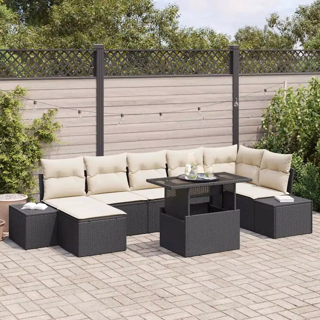 Set Divano da Giardino 8 pz vidaXL Nero con Poltrona, Tavolino e Contenitore per Cuscini in Polyrattan e Acciaio – 1