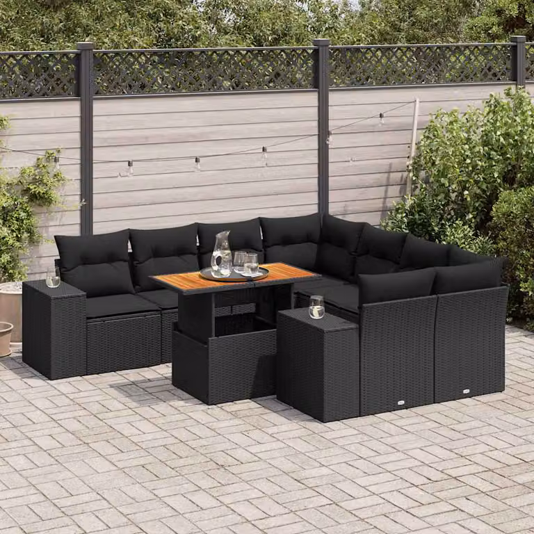 Set di divani da giardino vidaXL in polyrattan nero con cuscini e tavolino da esterno a forma di L