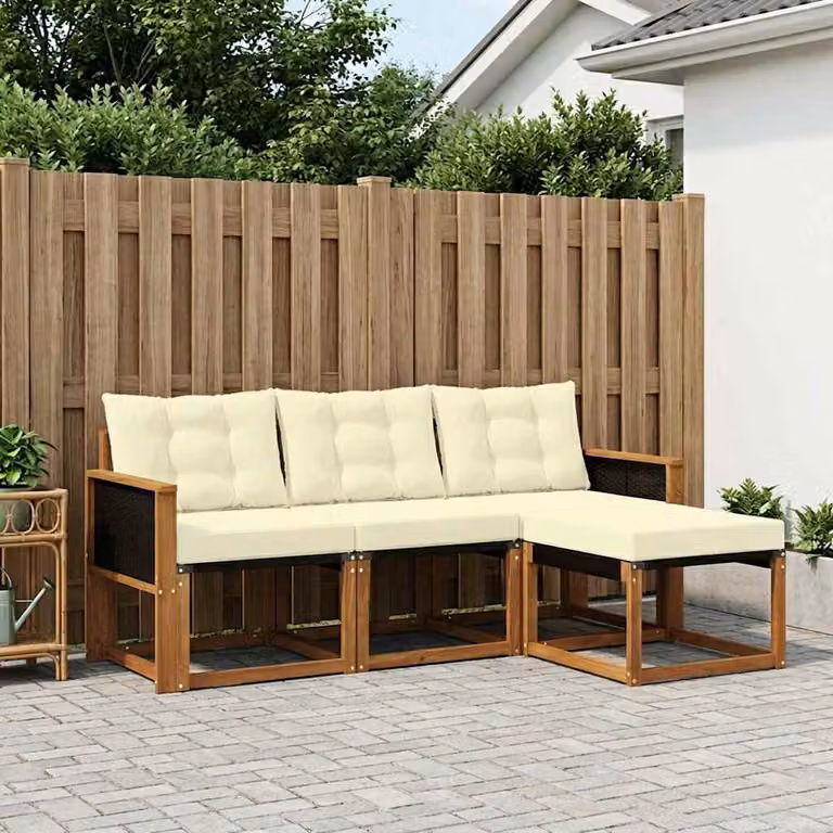 Set di divani da esterno vidaXL 4 pz a forma di L con pouf, struttura in legno di acacia trattato e sedute in textilene, colori beige, bianco e marrone