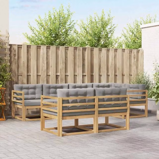 Set di divani da esterno a L vidaXL in legno di acacia con cuscini bianchi e grigi – 1