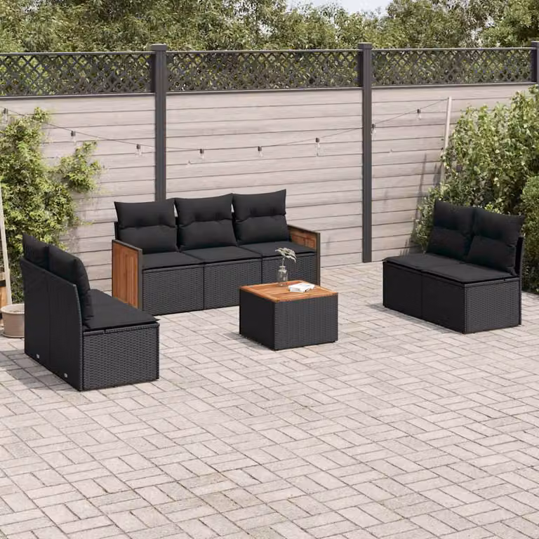 vidaXL Set Divani da Giardino a L in Polyrattan Nero con Cuscini e Tavolino da Esterno