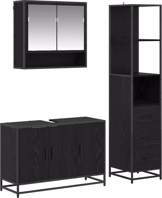 Set di mobili per il Bagno | Armadio da bagno 3 pz Rovere Nero Legno multistrato