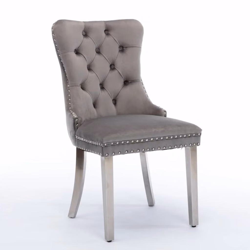 Set di 2 sedie da pranzo OKWISH in velluto grigio con schienale alto imbottito e piedini regolabili, L: 51 cm, P: 47 cm, H: 62 cm – 2