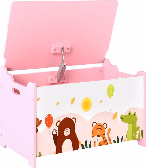 Baule Portagiochi per Bambini AIYAPLAY in Legno con Disegni di Animali, Rosa, L 60 cm x P 37 cm x H 39 cm