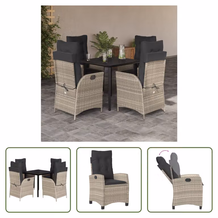 The Living Store Set da pranzo da giardino 5 pezzi con cuscini in rattan grigio chiaro