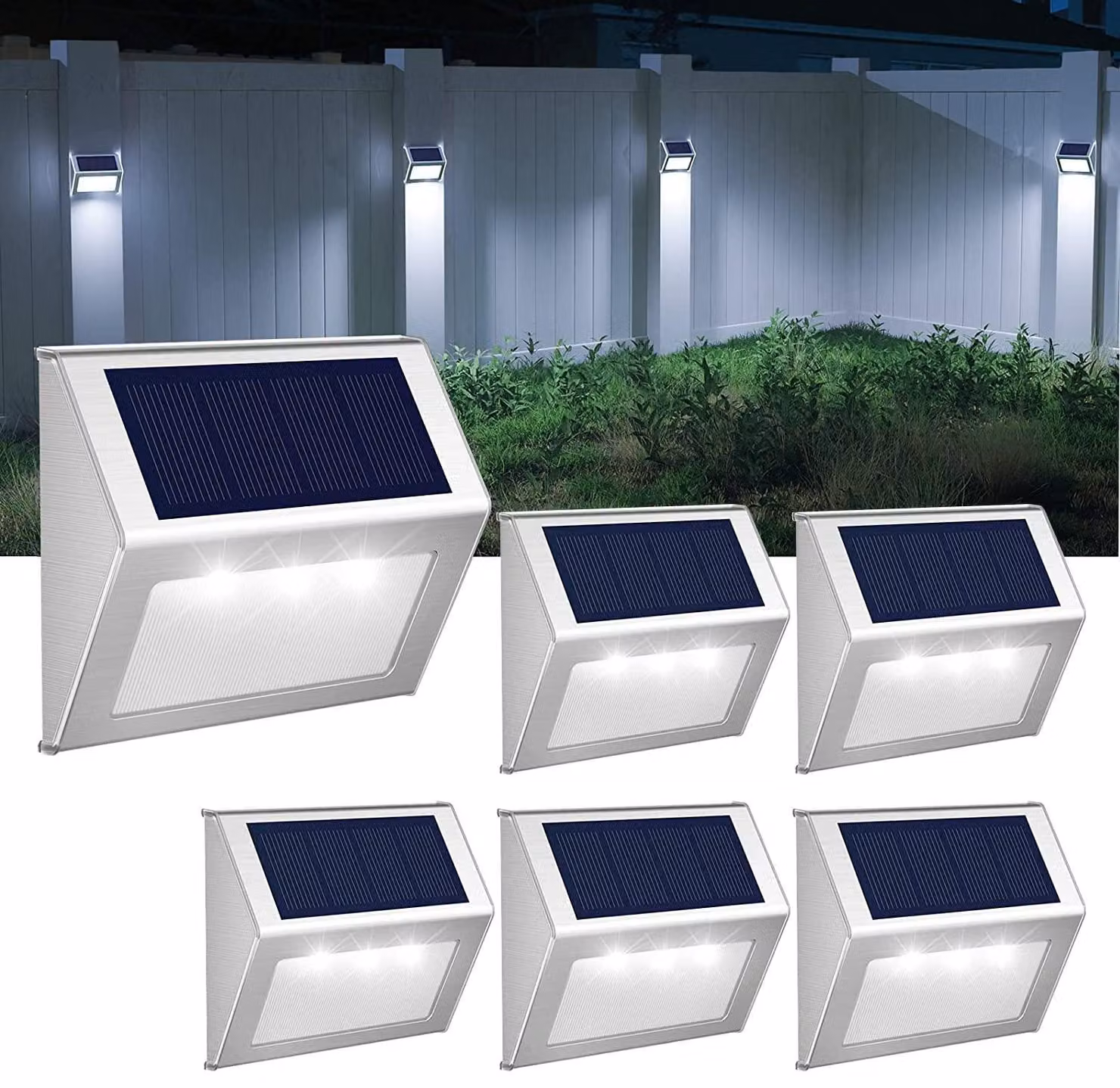 Lampade solari, in acciaio inossidabile, con LED, set da 6, luce bianca fredda, impermeabili