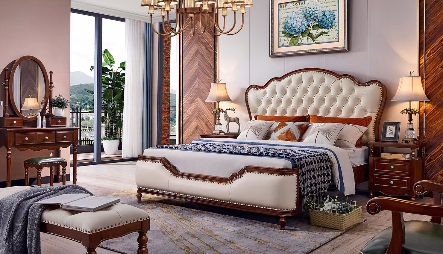 Bett 2x Nachttische Schminktisch Bank Schlafzimmer Möbel Luxus Holz 6tlg Set