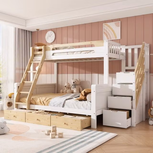 Letto a castello Mivray in stile scandinavo con scala contenitore e 3 cassetti, colore bianco e beige, L/P/H: 253 x 120 x 162,5 cm