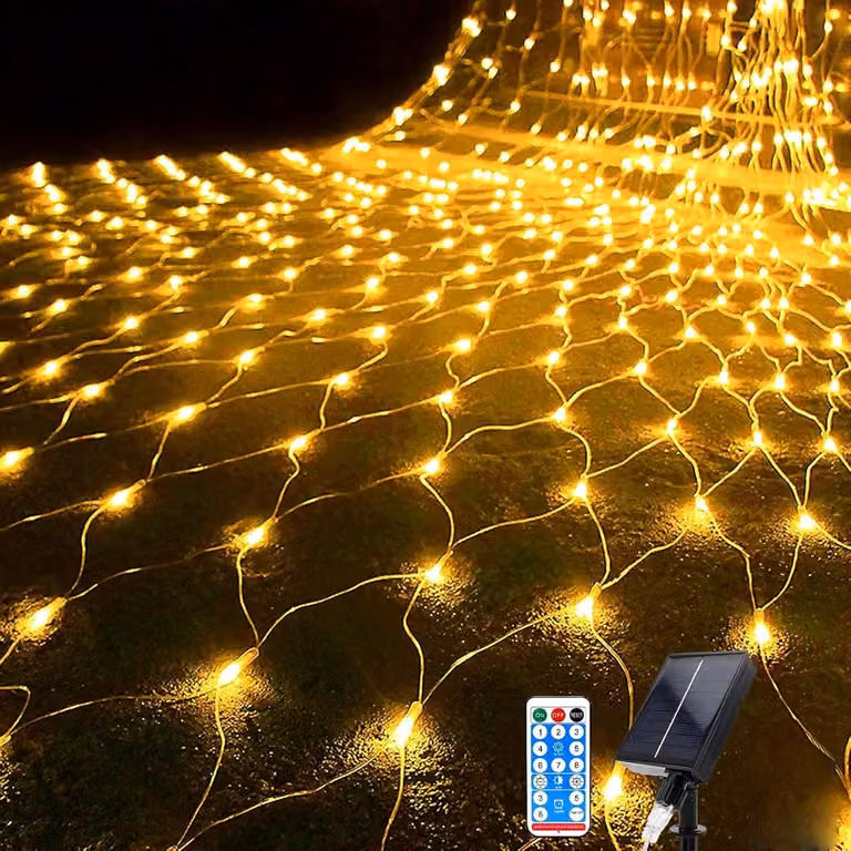 Lampada solare a LED, dimensioni 1,5x1,5 m, 96 LED, 8 modalità, luce bianco caldo