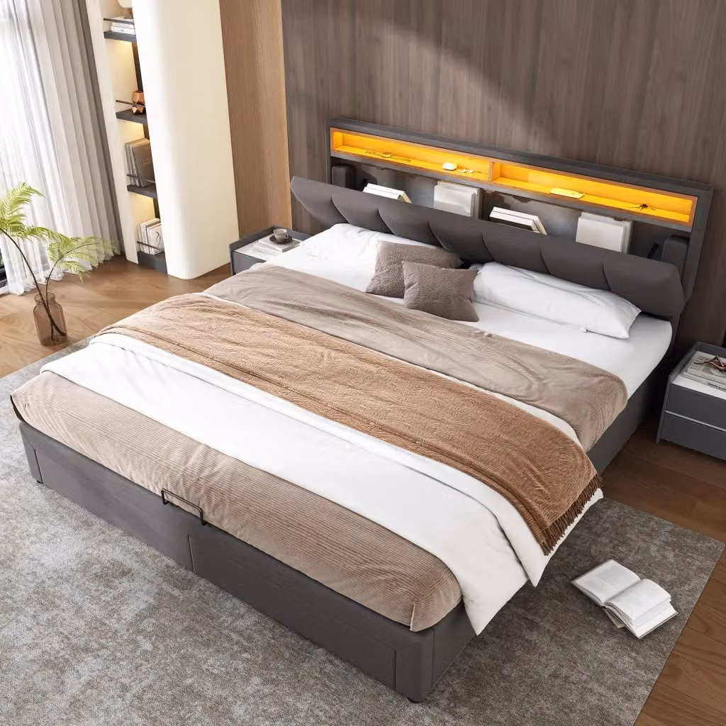 Letto imbottito REDOM grigio con illuminazione LED sotto il letto L/P: 160 x 200 cm – 2