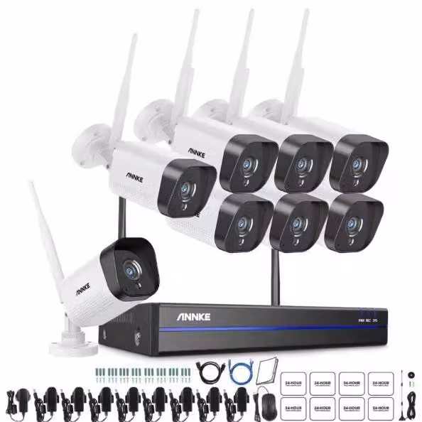 Sistema di telecamere di sicurezza WiFi, telecamera IP da 3 MP, NVR da 5 MP, visione notturna fino a 30 metri, 8 telecamere integrate, HDD non incluso