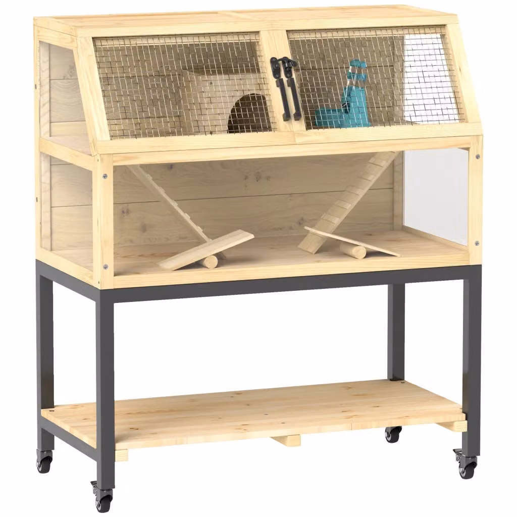 Scaffale OKWISH per piccoli animali a due livelli con rampe e ripiani, in legno e metallo naturale, colore marrone, L: 87 cm, P: 43 cm, H: 101 cm – 2