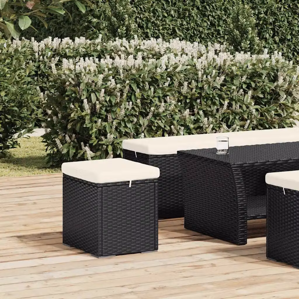 Ottomana vidaXL in polyrattan con cuscino nero e bianco, L/P/H: 40 x 40 x 40 cm