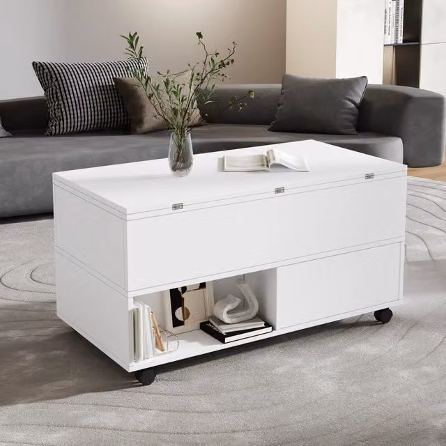 Tavolino da Salotto Alzabile Bianco 100x50x52 cm con 4 Cassetti e Ruote