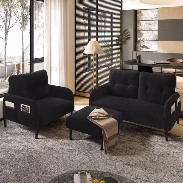 Set divano 2 posti, poltrona e pouf in velluto a coste nero con tasche laterali
