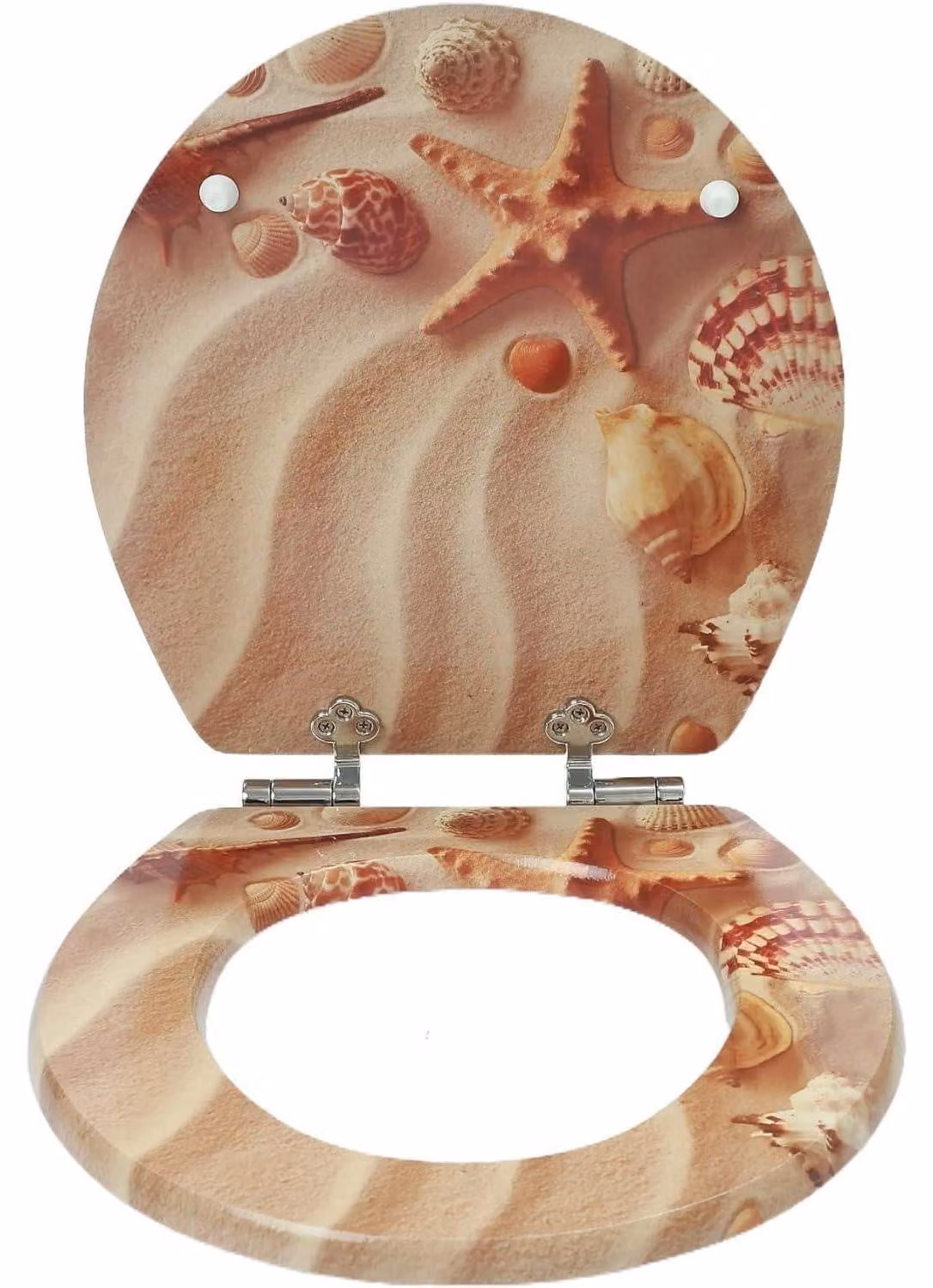 Copertura per WC con sistema di abbassamento automatico, realizzata in MDF con decoro a forma di conchiglia, resistente all'umidità e antibatterica, dimensioni 43,5 x 37,5 cm