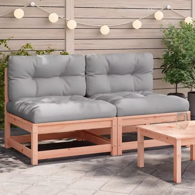 Set di 2 divani da esterno moderni in legno di Douglas con cuscini grigi per giardino e terrazza
