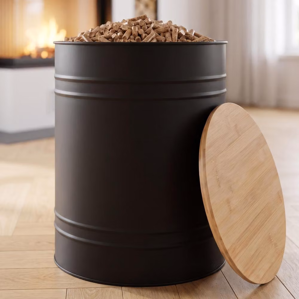 CASABEL Contenitore Pellet & Granuli Rotondo, Cap. 30kg, Coperchio Bambù