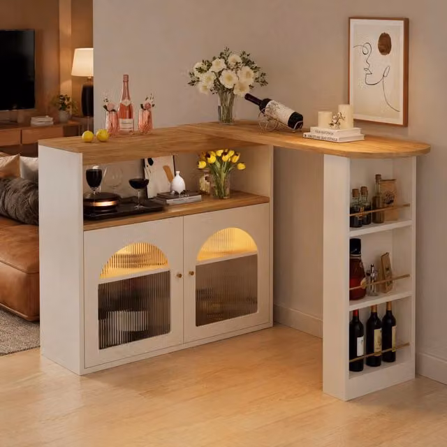 Tavolo bar girevole ULEVR 138-193x39x105 cm estensibile con vano contenitore, LED a colore regolabile, bianco