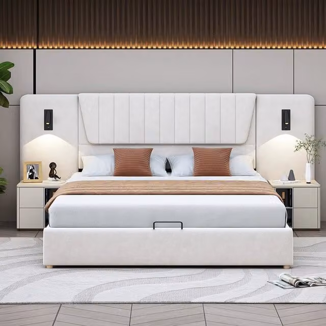 Letto con cassettoni matrimoniale - Xylo - 180x200 cm - Beige - Con luce di lettura e porta USB