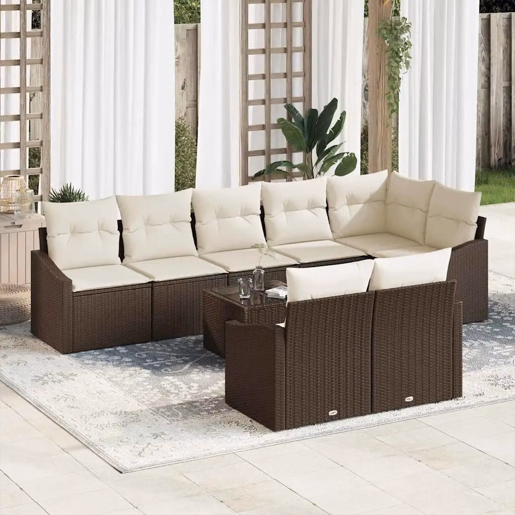 Set di divani da giardino vidaXL 9 pezzi in rattan marrone con cuscini beige e struttura in acciaio rivestito in polvere – 1