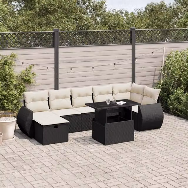 Set da giardino moderno vidaXL composto da 8 pezzi in polyrattan nero con cuscini e tavolino da caffè