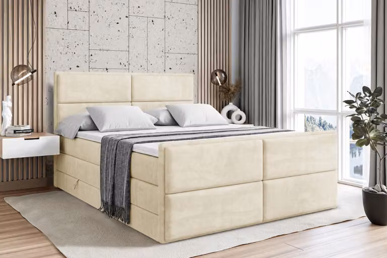 Letto boxspring ALTDECOR con pediera, 2 materassi e topper - 160x200 cm - AURA-Z KING - Velluto beige - Letto imbottito con materassi H3 e H4, contenitore e rete a doghe, letto con contenitore