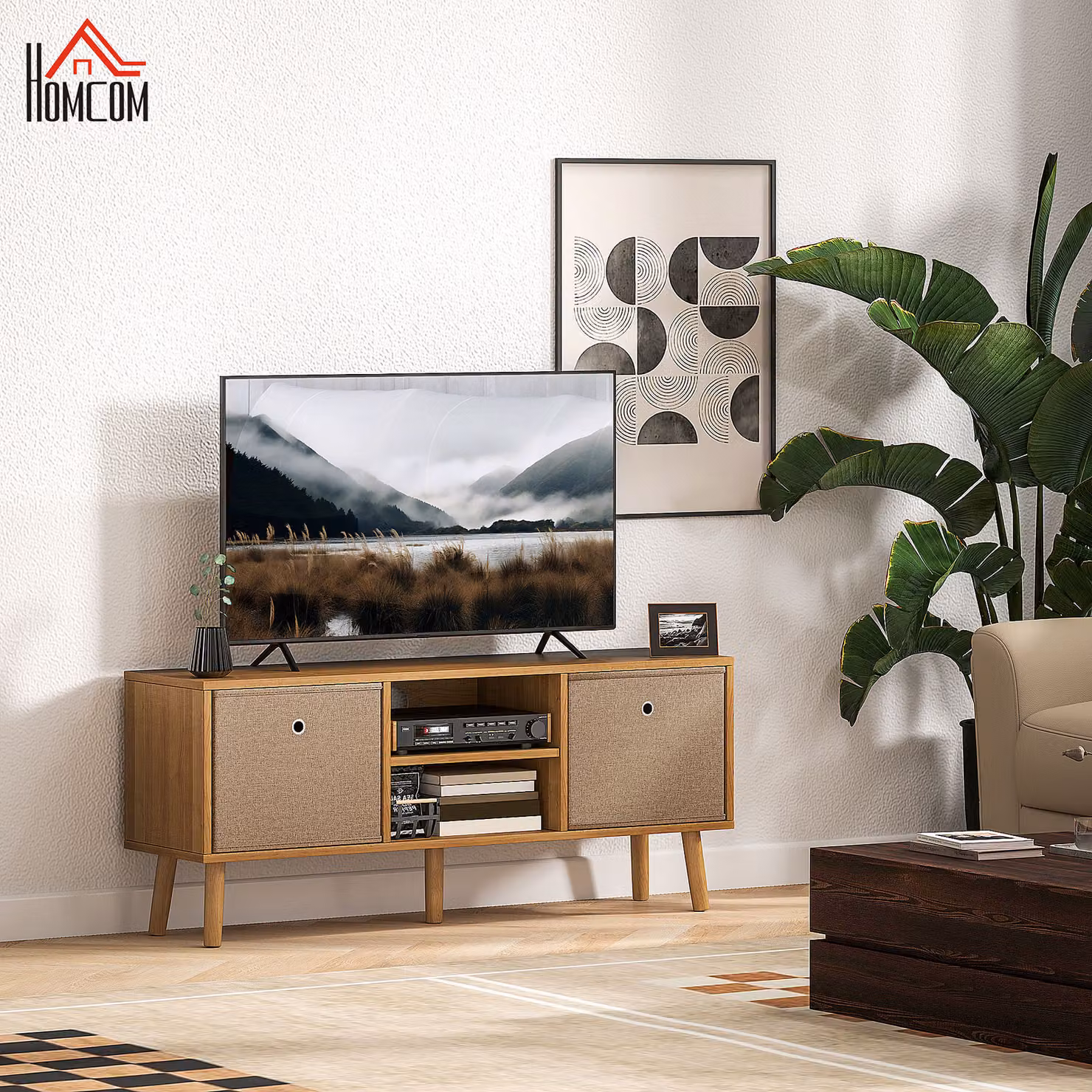 Mobile TV HOMCOM in legno marrone con 2 cassetti in tessuto e ripiani aperti per televisori fino a 50 pollici, L 110 x P 29 x H 46,5 cm – 2