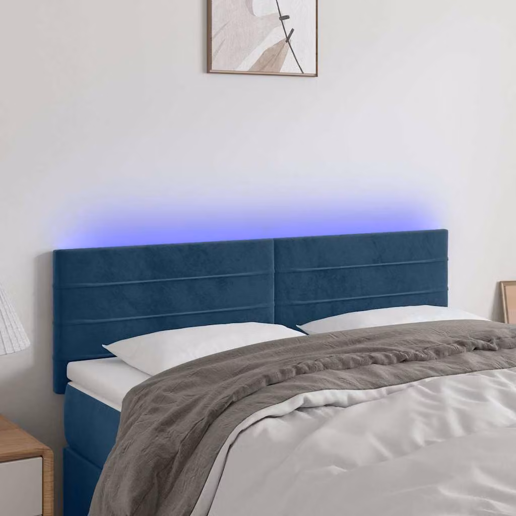 Testiera per letto vidaXL in velluto blu scuro con illuminazione LED e porta di ricarica USB, L 144 cm, P 5 cm, H 78-88 cm