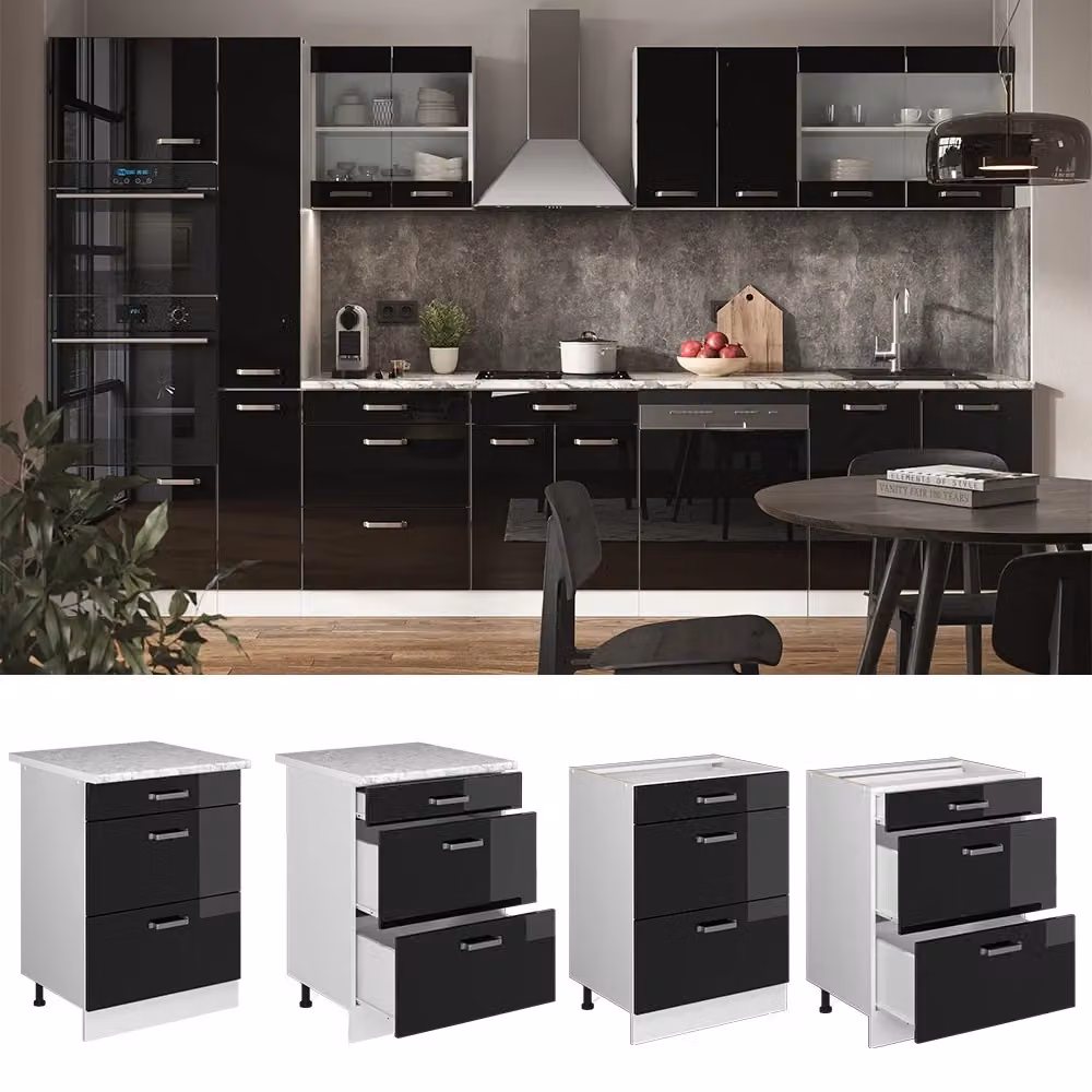 Mobiletto base per cucina Vicco R-Line moderno con cassetti, Nero lucido/Bianco, L: 60 cm, H: 81,6 cm, P: 46 cm – 2