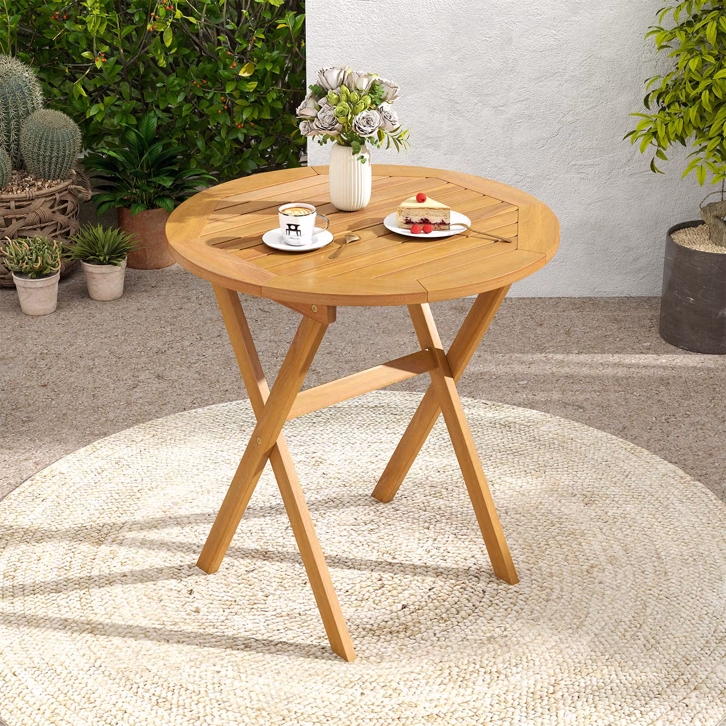 Tavolino da bistrot rotondo pieghevole Costway in legno di acacia marrone per giardino e balcone, Diametro: 67 cm