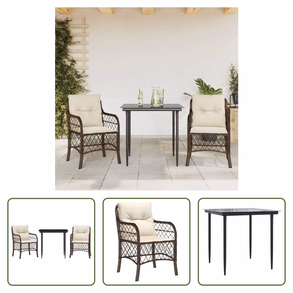 The Living Store Set bistrot 3 pezzi con cuscini in poly rattan marrone