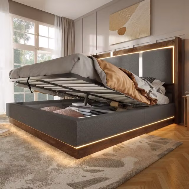 Letto Matrimoniale REDOM con Base a Alzata, Illuminazione LED e Rivestimento in Tessuto Grigio e Noce, L/P/H: 180 x 200 x 110 cm – 1