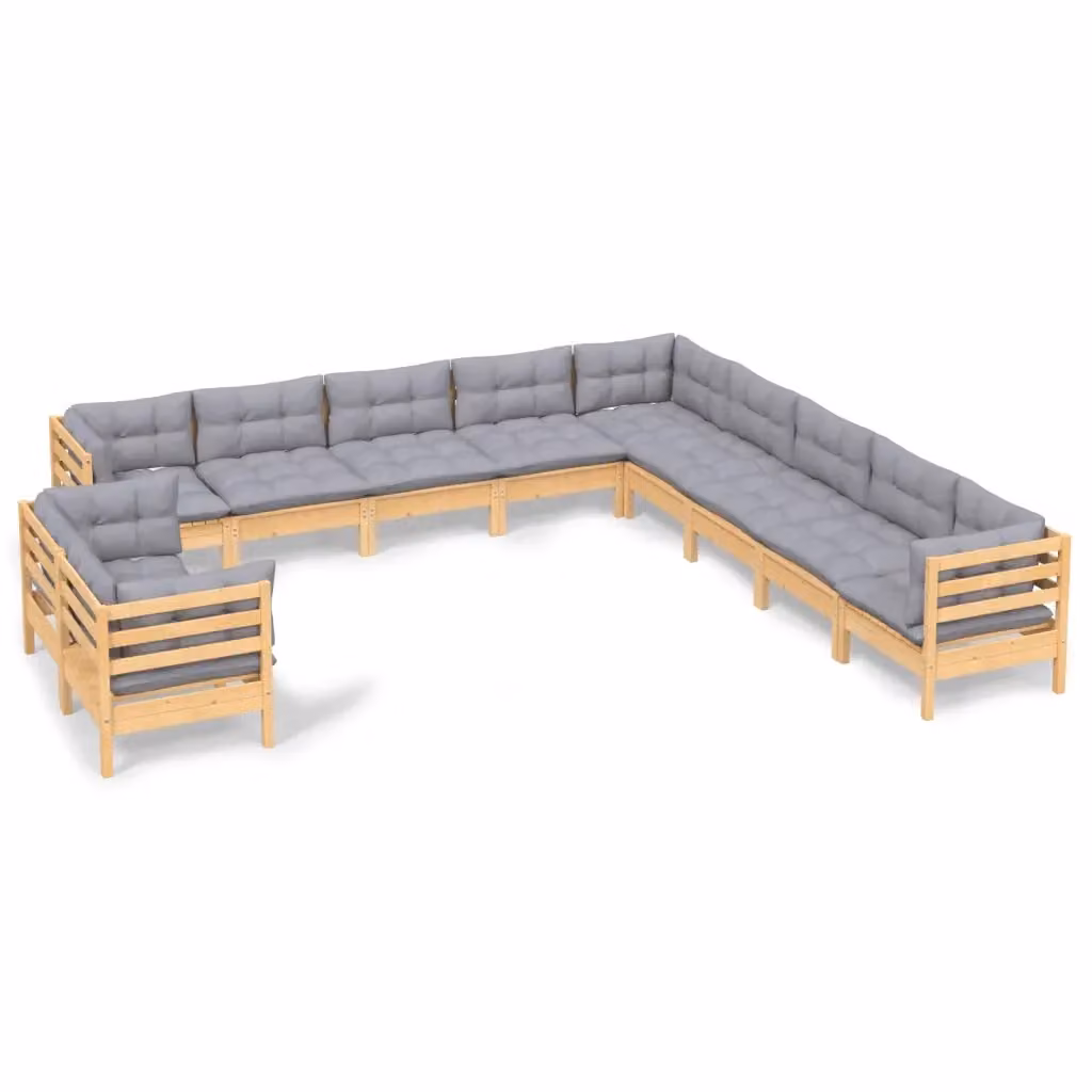 Set di Divani da Giardino a L vidaXL in Legno di Pino con Cuscini Grigi, 11 Pezzi – 2
