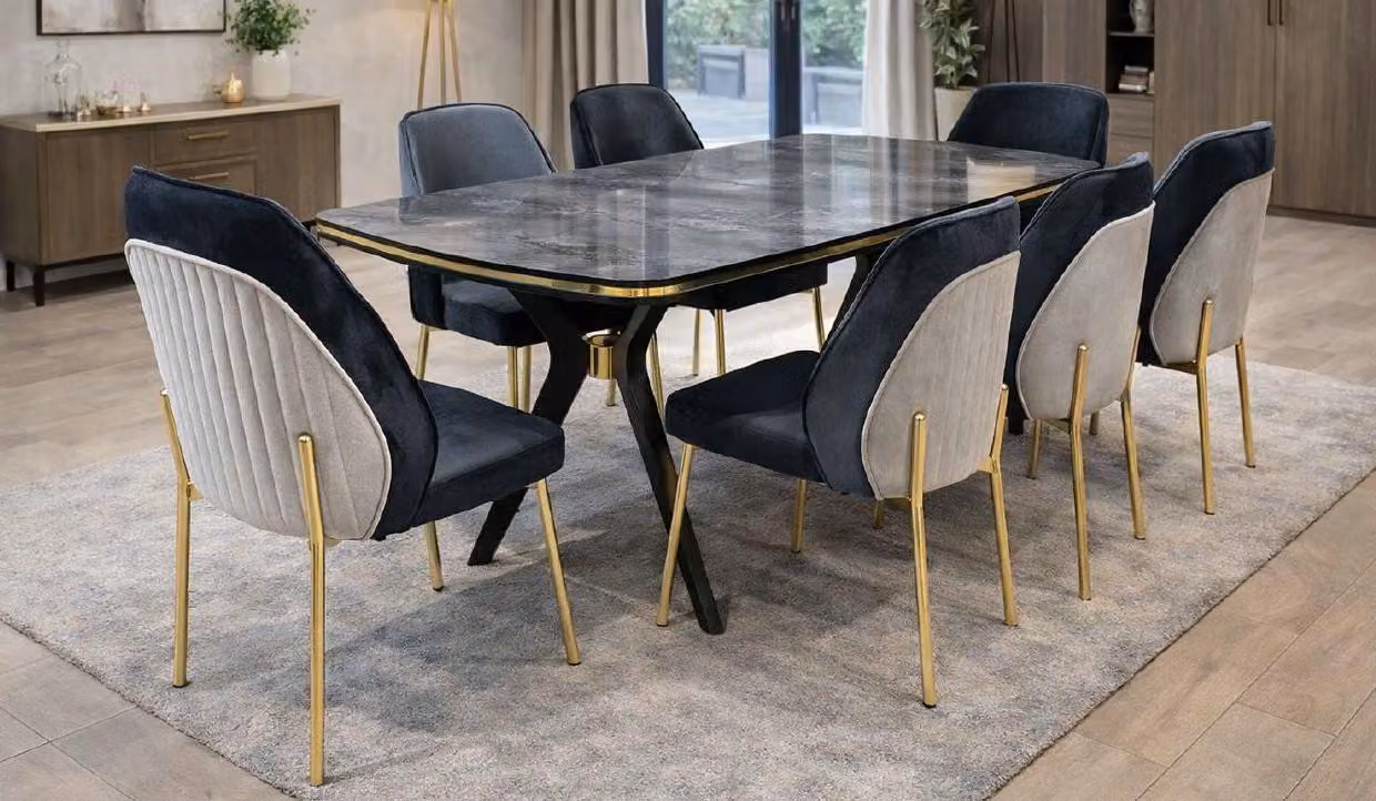 Tavolo da pranzo con 6 sedie, stile moderno, colore nero, forma rettangolare, confortevole