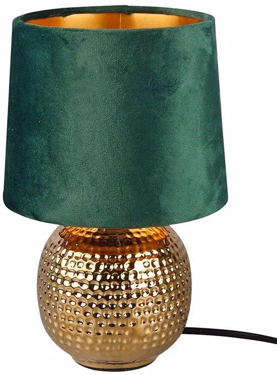 Lampada da tavolo Unyqoos® con base in Vetroceramica e paralume in velluto, color verde oro, attacco E14 fino a 40W, dimensioni 26 cm di altezza x 16 cm di diametro – elegante lampada da comodino e lampada da tavolo