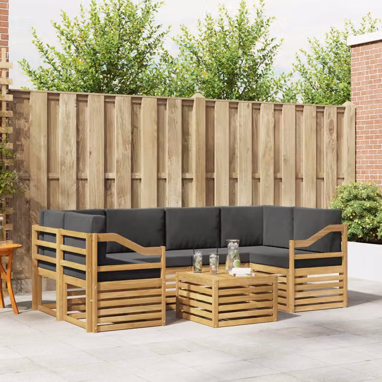 vidaXL Set di divani da esterno a L composto da 7 pezzi in legno di acacia con cuscini bianchi e antracite