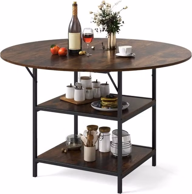Tavolo da pranzo rotondo in stile rustico con ripiano a due livelli, Diametro: 120 cm, Colore Marrone e Nero – 1