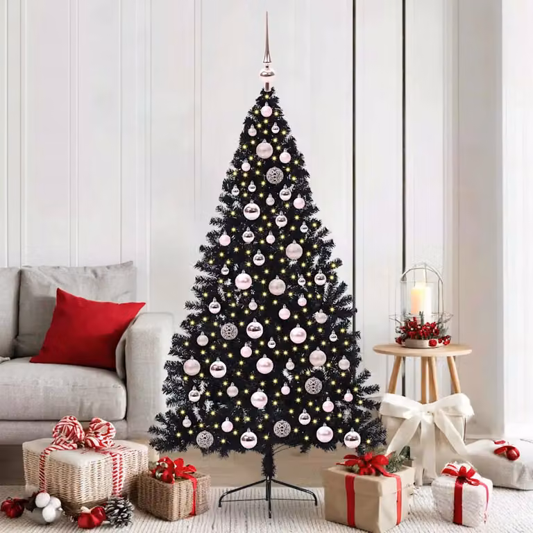 Albero di Natale artificiale moderno vidaXL con luci LED bianco caldo, colore nero, in PVC e metallo, Altezza: 180 cm