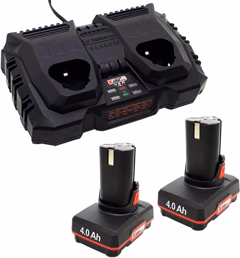 Set batteria PARKSIDE® 12 V / 2 × 4 Ah + doppio caricabatterie PDSLG 12 adatto per gli apparecchi della serie Parkside X12V