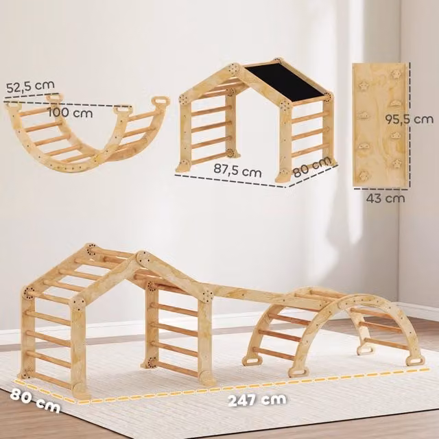 Set palestra indoor 9 in 1 WISHDOR in legno marrone con scala, arco, scivolo double face e lavagna per lo sviluppo motorio, cognitivo e creativo