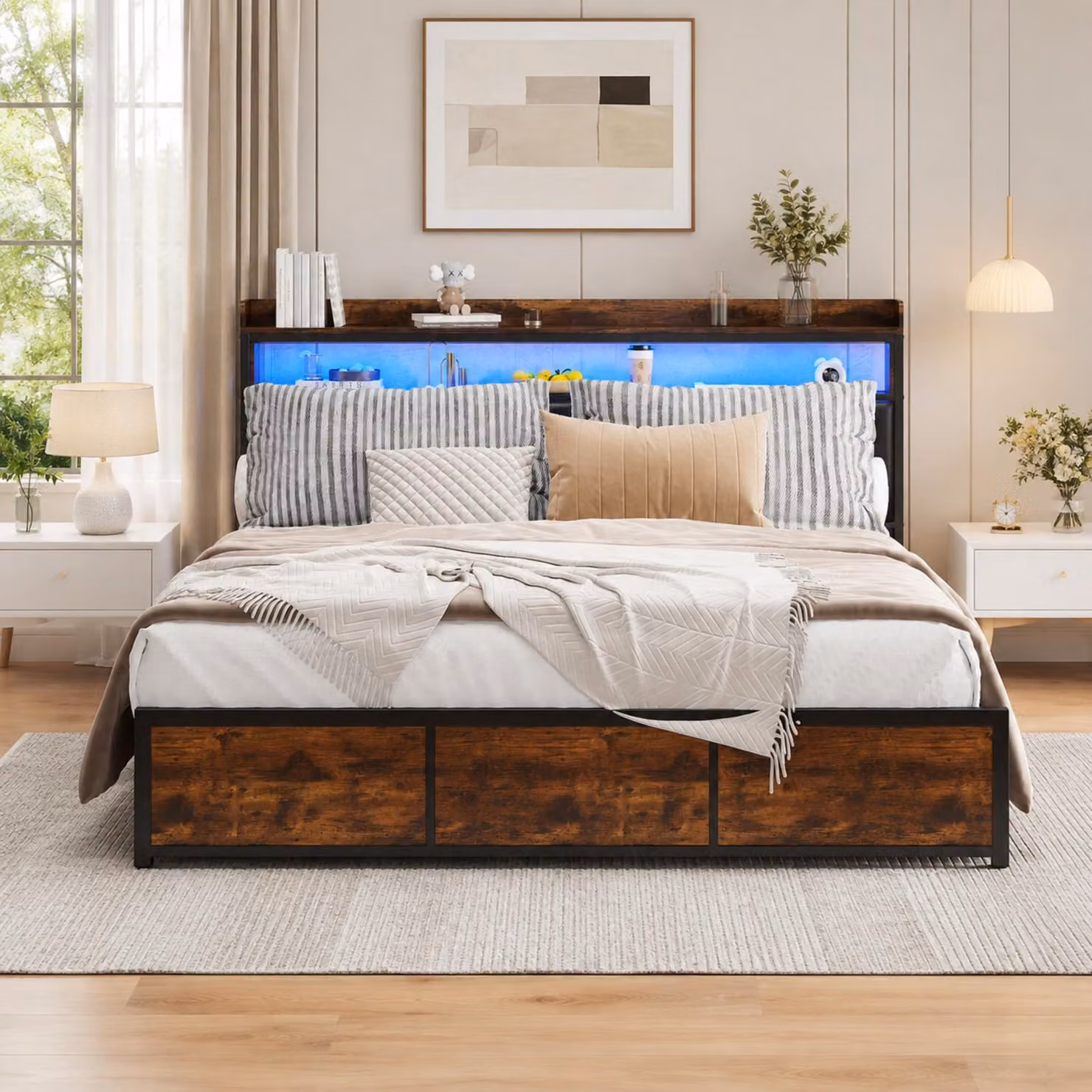 Letto imbottito INONEFT, 180x200 cm, letto matrimoniale con 4 cassetti, struttura in metallo con rete a doghe in ferro, testiera con LED e spazio contenitivo, rivestimento in PU, colore nero