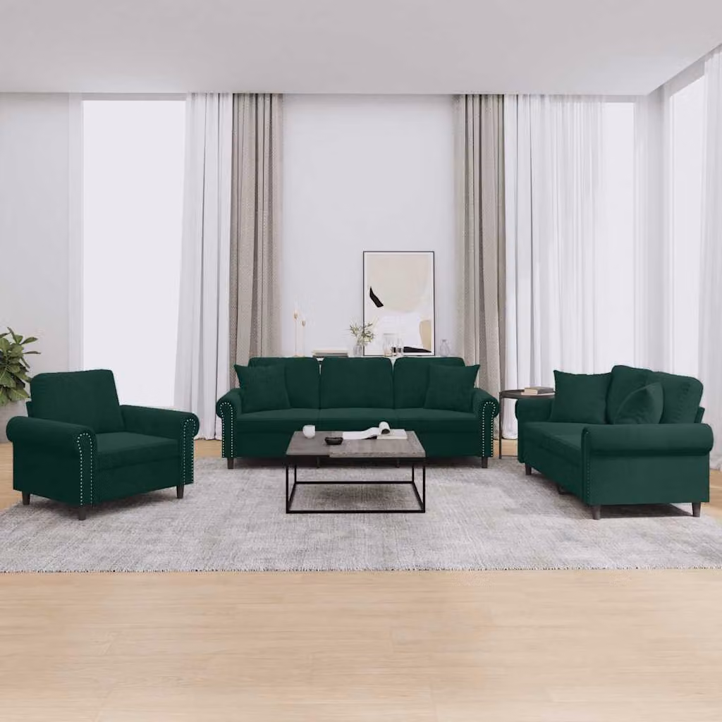 Set di divani vidaXL da 3 pezzi in velluto verde con cuscini, composto da un divano a 3 posti e un divano a 2 posti con struttura moderna e braccioli