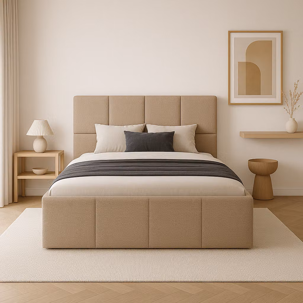 Letto imbottito 140x200. Letto rivestito in tessuto beige, con struttura in legno a listelli e spazio contenitore